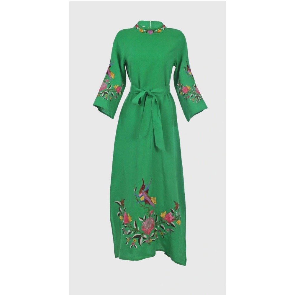 Fanm Mon Asia Linen Floral Embroidered Maxi Dress Kelly Green Green Linen Bird M